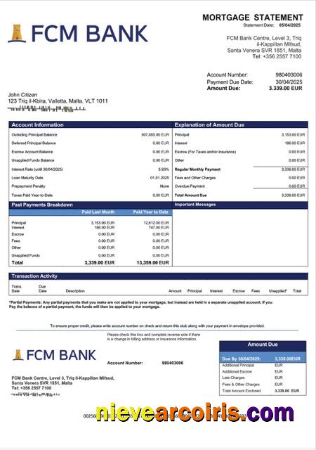 Malta FCM Bank mortgage statement Word and PDF template
